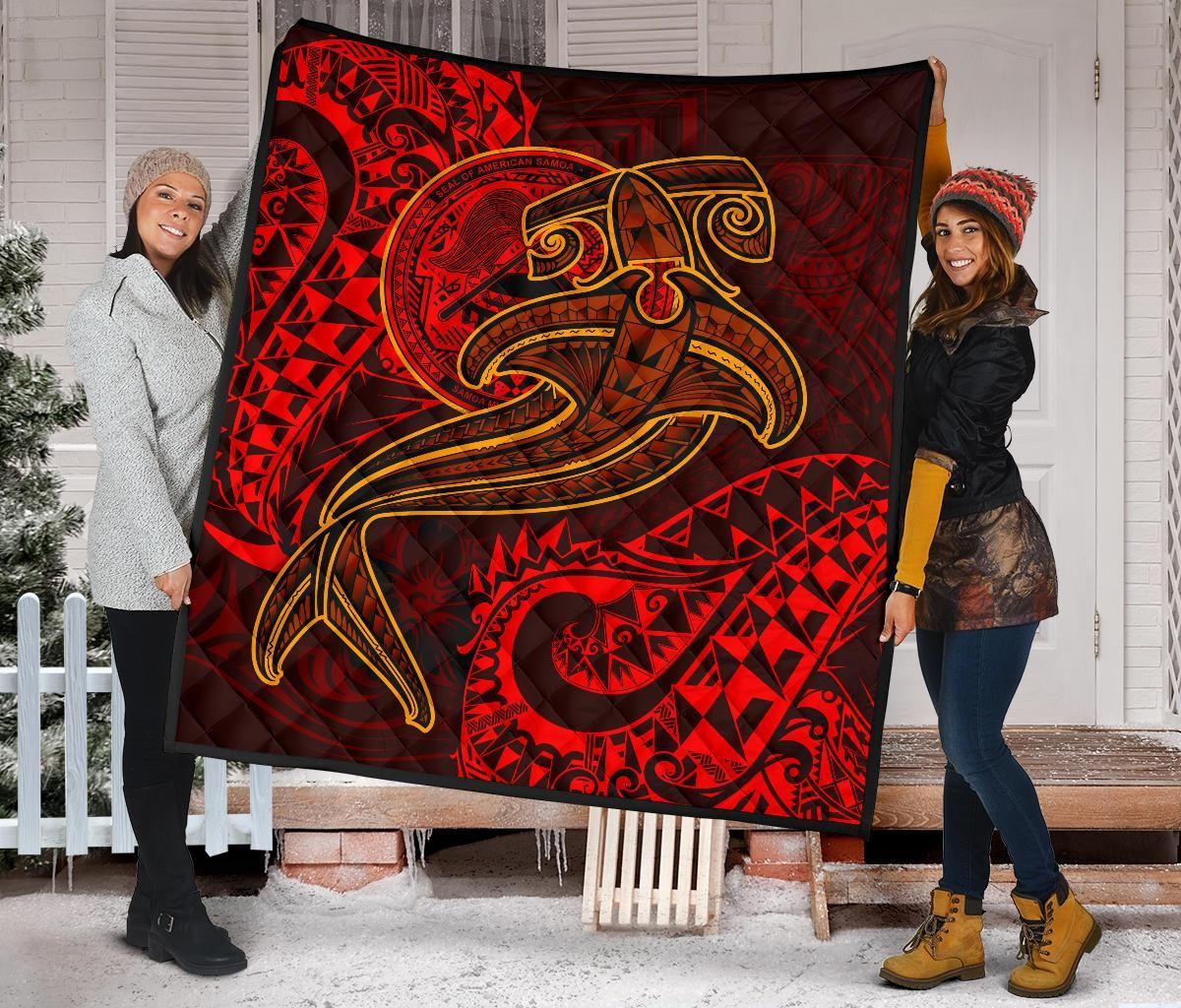 American Samoa Premium Quilt - Red Shark Polynesian Tattoo