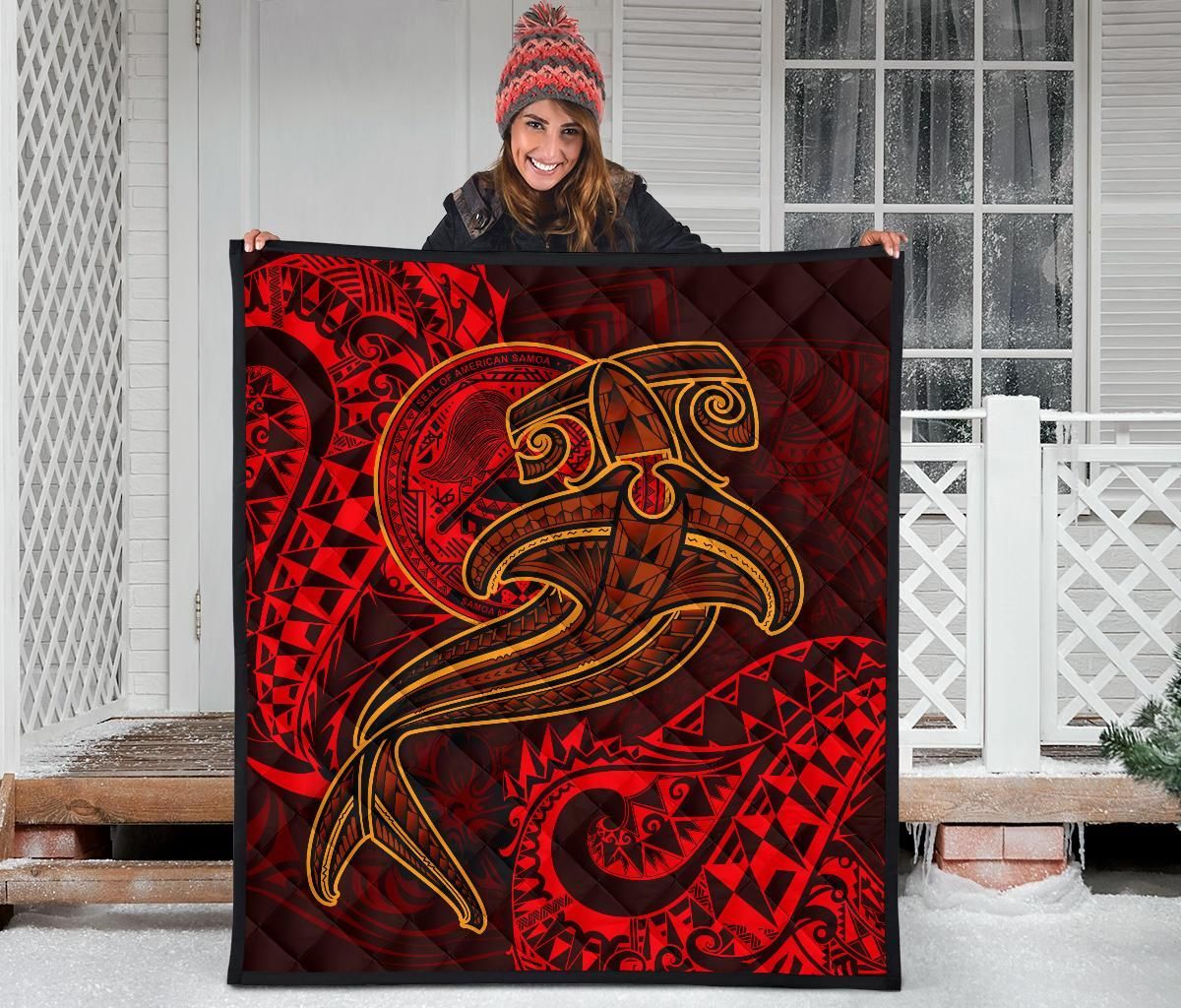 American Samoa Premium Quilt - Red Shark Polynesian Tattoo