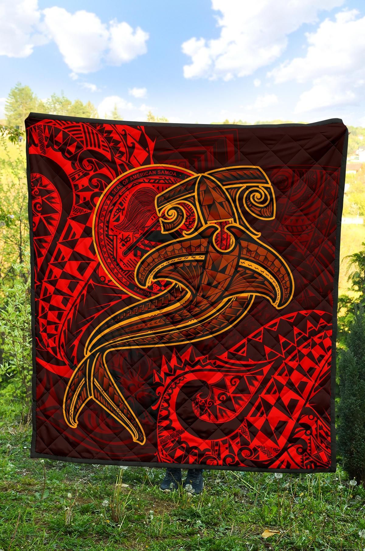 American Samoa Premium Quilt - Red Shark Polynesian Tattoo
