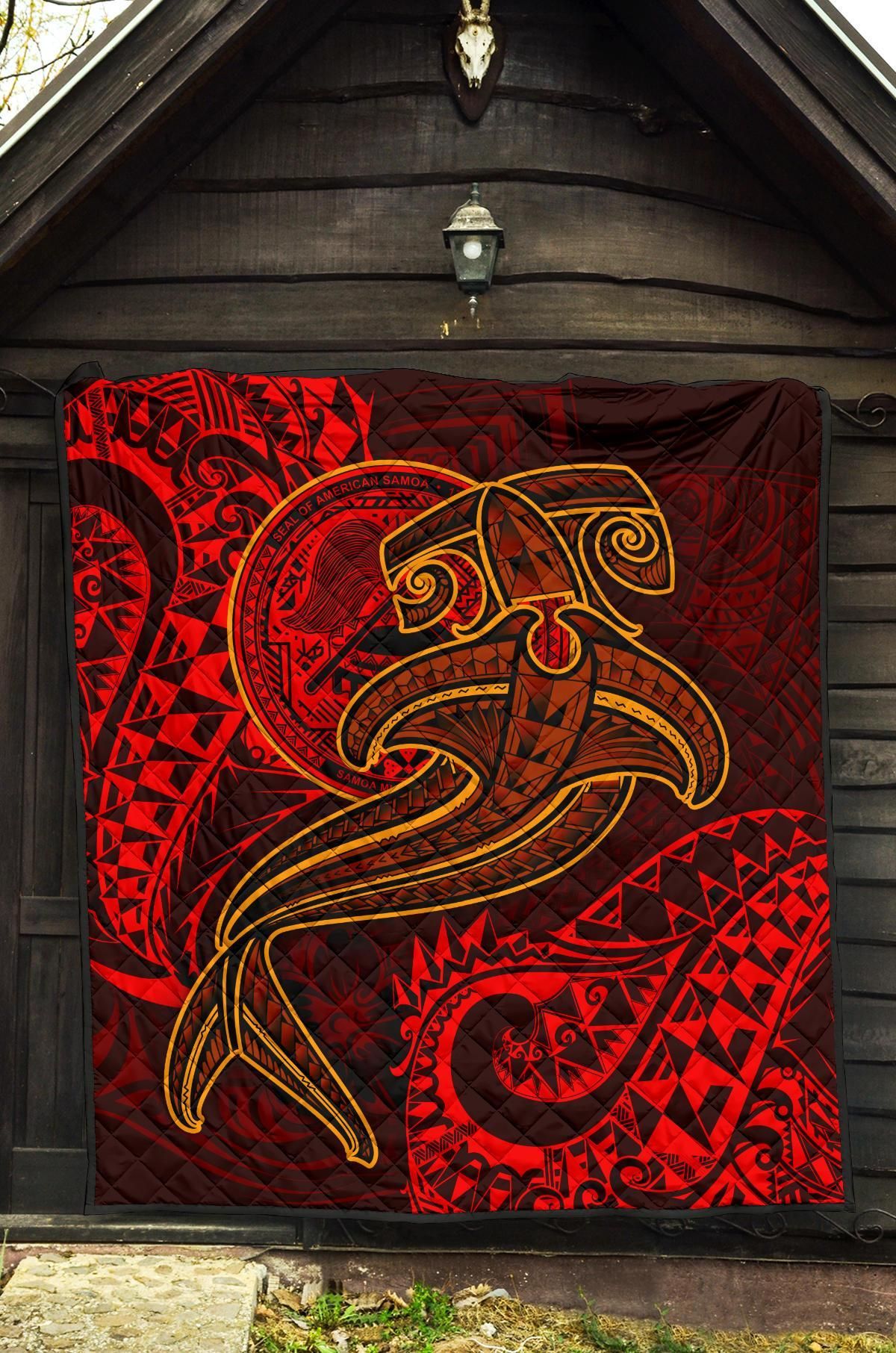 American Samoa Premium Quilt - Red Shark Polynesian Tattoo