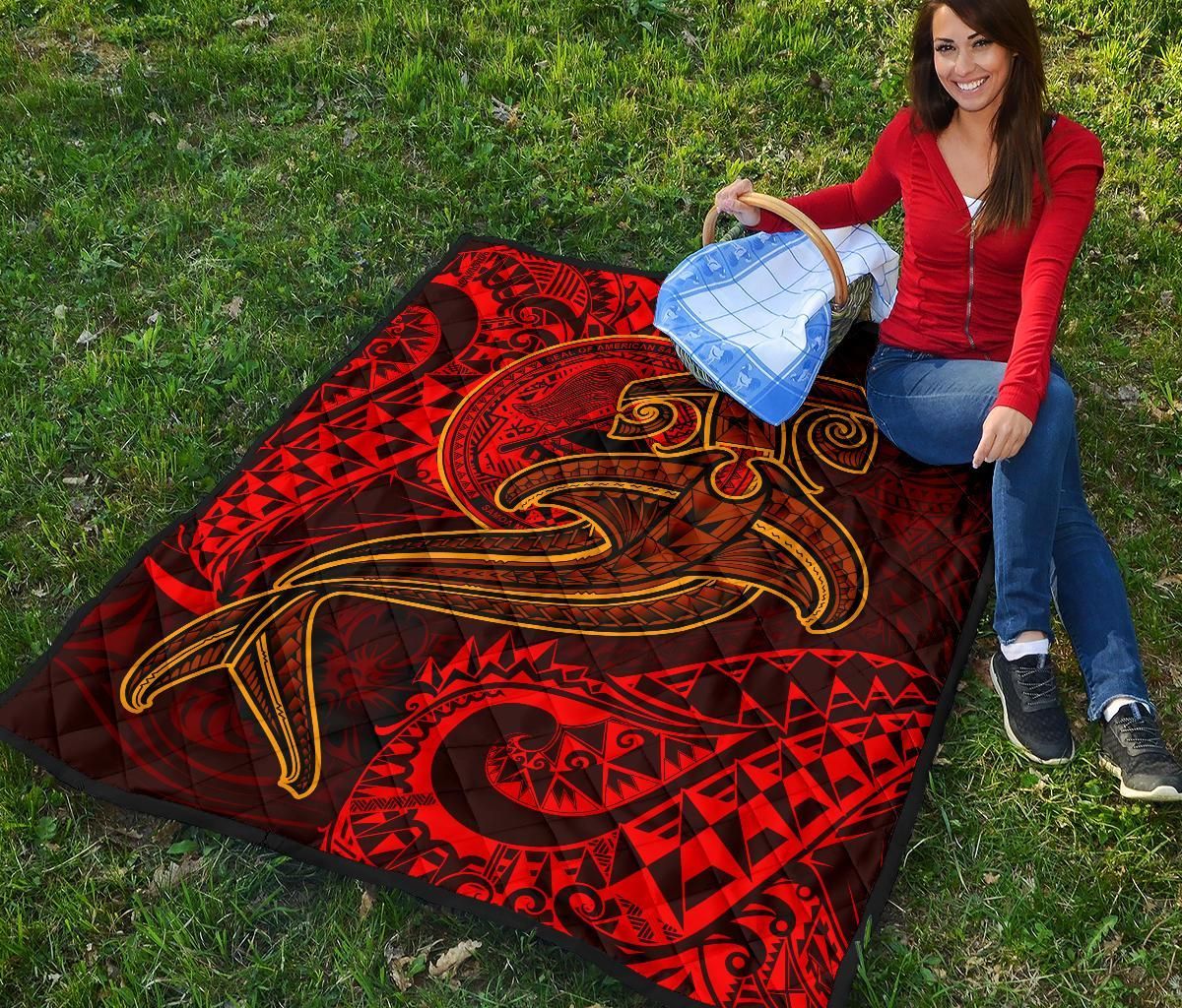 American Samoa Premium Quilt - Red Shark Polynesian Tattoo