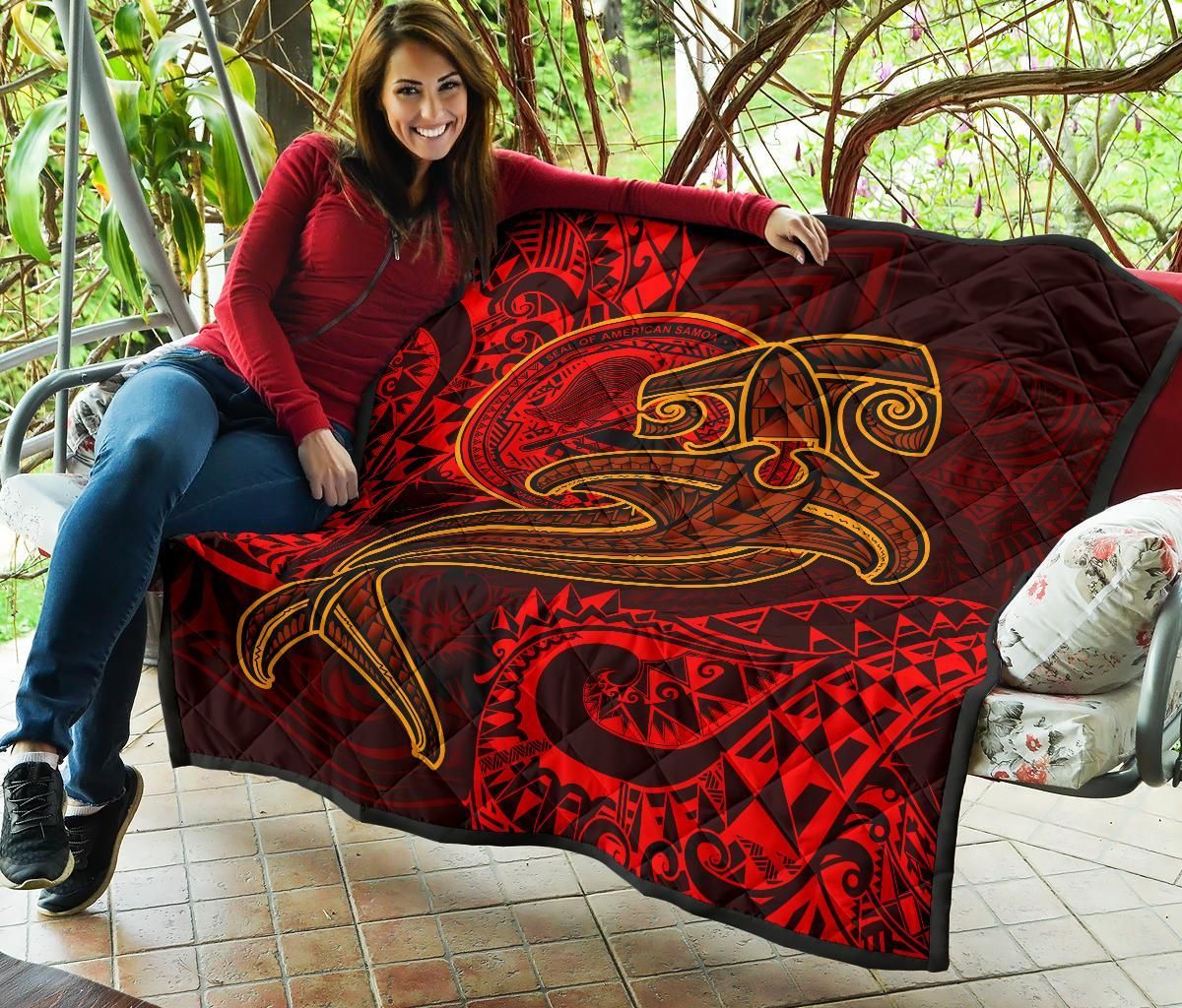American Samoa Premium Quilt - Red Shark Polynesian Tattoo