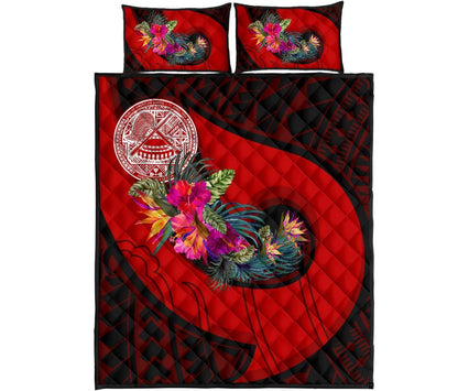 American Samoa Quilt Bed Set - Polynesian Hook And Hibiscus (Red)