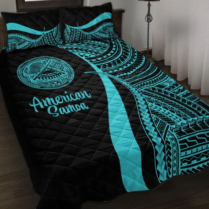 American Samoa Quilt Bed Set - Turquoise Polynesian Tentacle Tribal Pattern