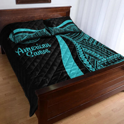 American Samoa Quilt Bed Set - Turquoise Polynesian Tentacle Tribal Pattern