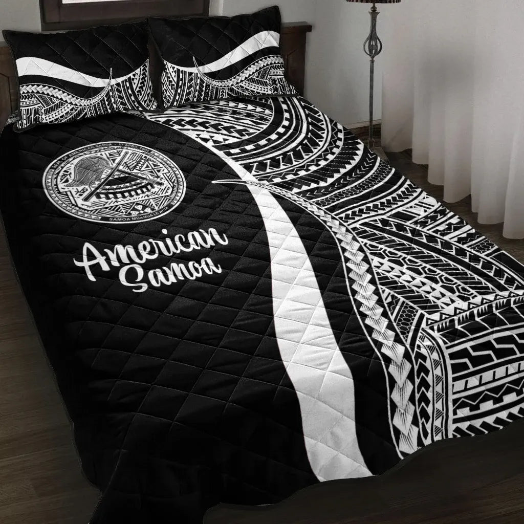 American Samoa Quilt Bed Set - White Polynesian Tentacle Tribal Pattern