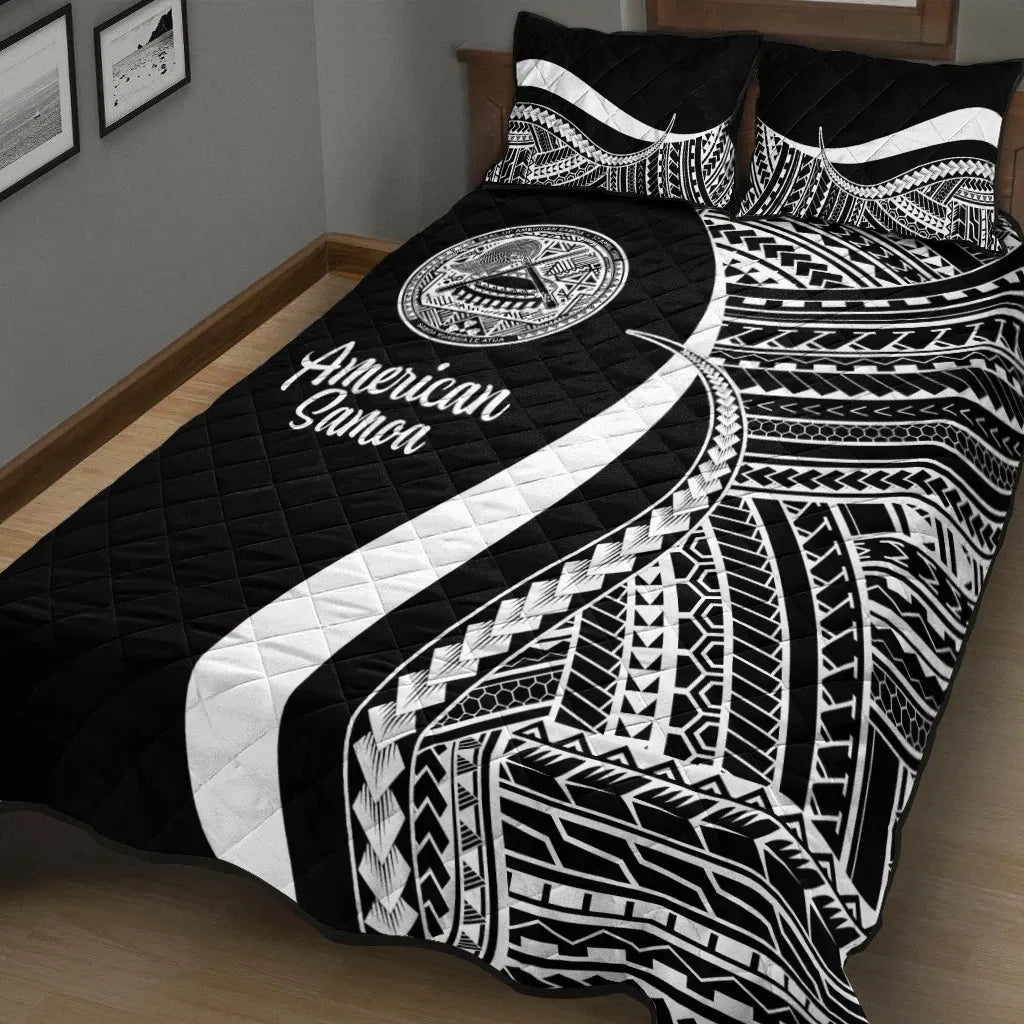 American Samoa Quilt Bed Set - White Polynesian Tentacle Tribal Pattern