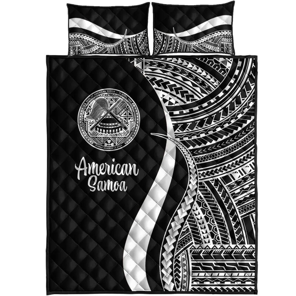 American Samoa Quilt Bed Set - White Polynesian Tentacle Tribal Pattern