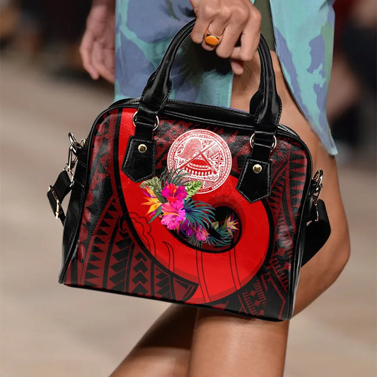 American Samoa Shoulder Handbag - Polynesian Hook And Hibiscus (Red)