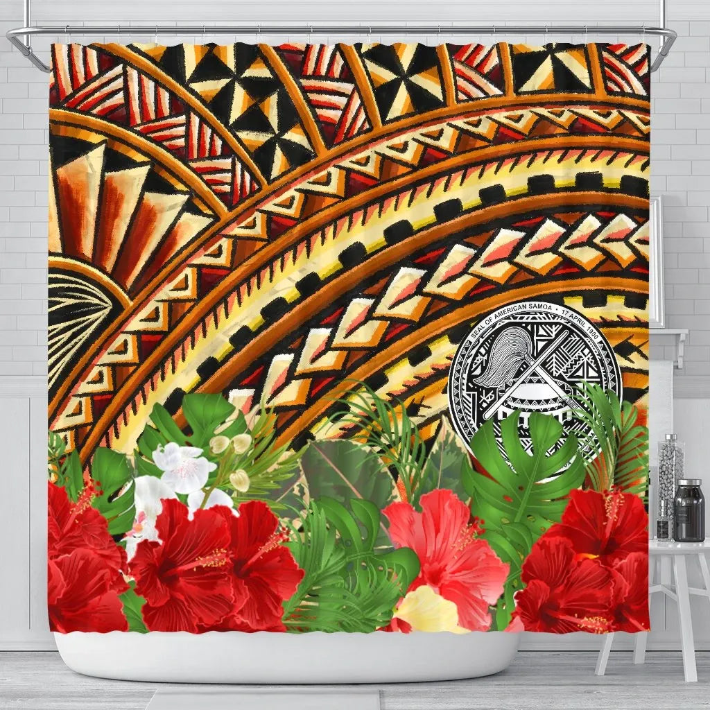 American Samoa Shower Curtain - Vintage Pattern With Hibiscus Flower