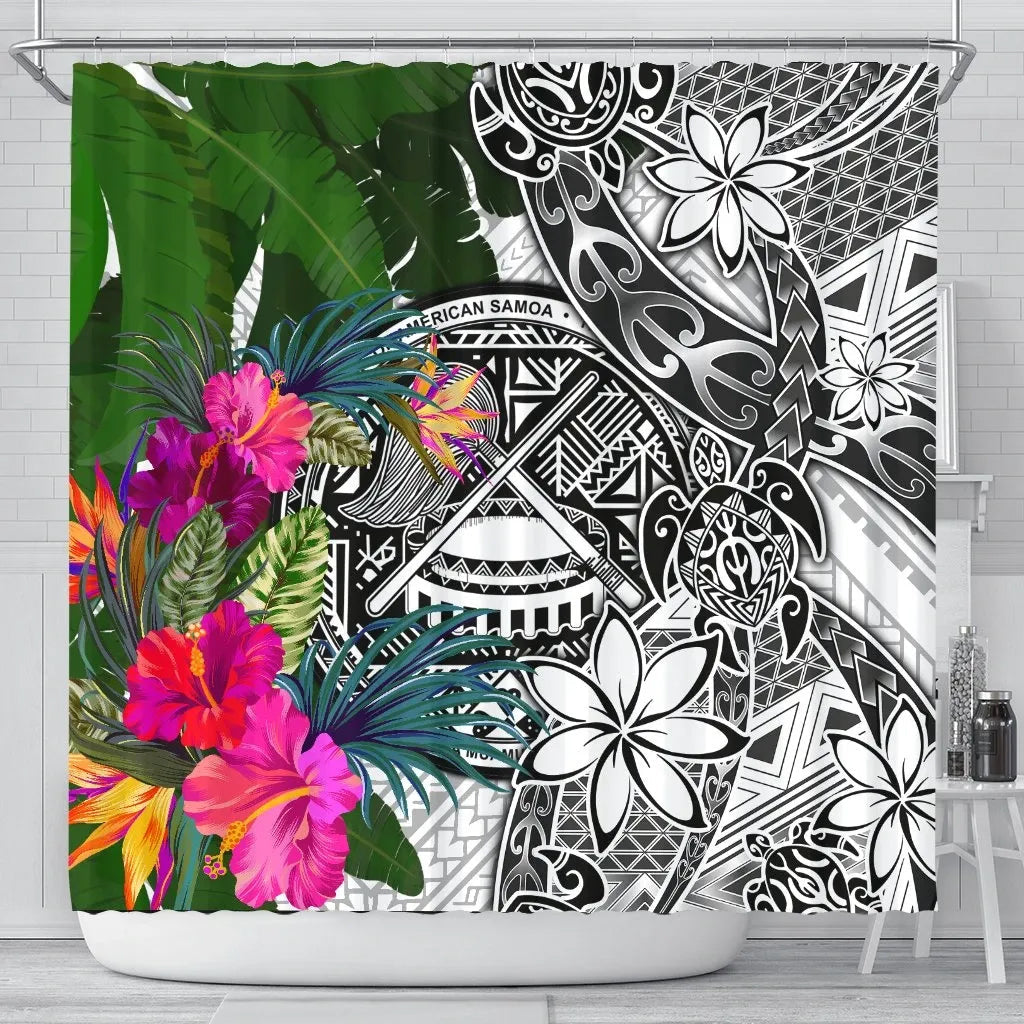 American Samoa Shower Curtain White - Turtle Plumeria Banana Leaf