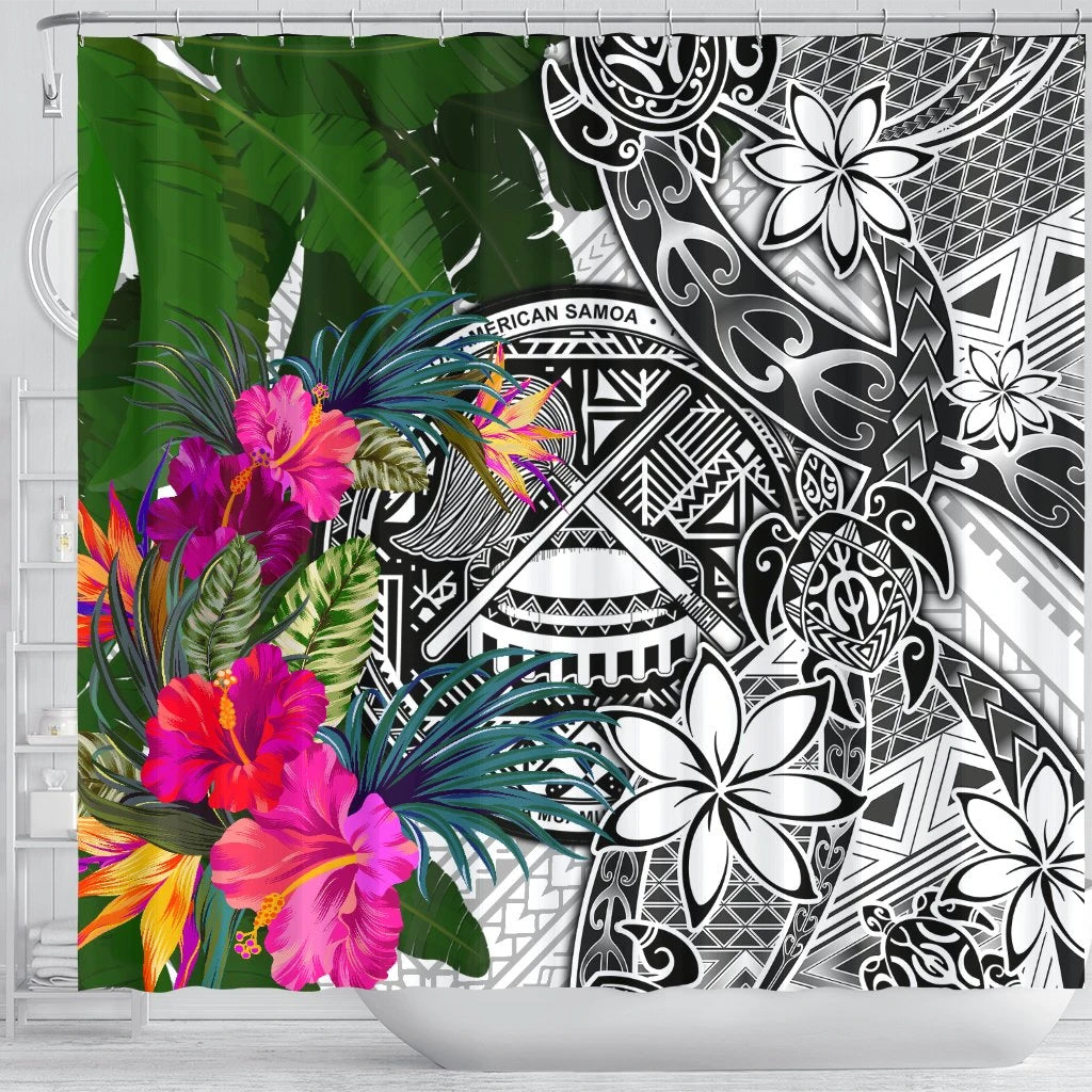 American Samoa Shower Curtain White - Turtle Plumeria Banana Leaf