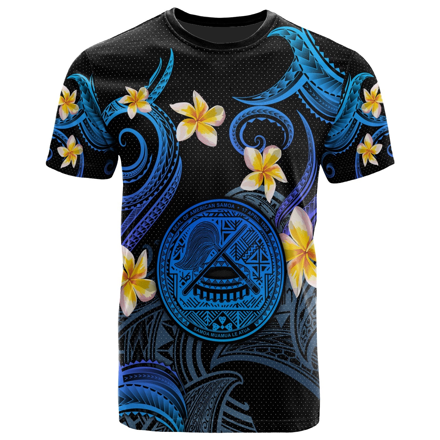 American Samoa T-shirt - Custom Personalised Polynesian Waves with Plumeria Flowers (Blue)