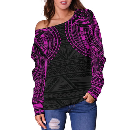 American Samoa Women Off Shoulder Sweater - Pink Tattoo 2nd Version