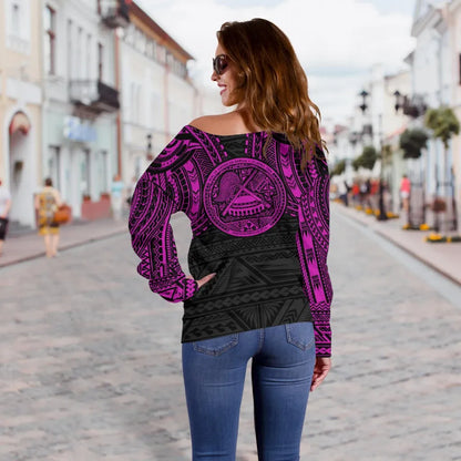 American Samoa Women Off Shoulder Sweater - Pink Tattoo 2nd Version