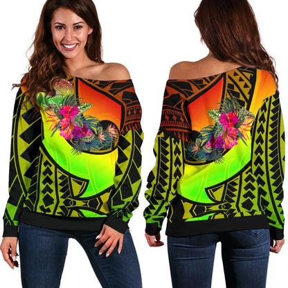 American Samoa Women Off Shoulder Sweater - Polynesian Hook And Hibiscus (Reggae)