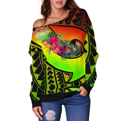 American Samoa Women Off Shoulder Sweater - Polynesian Hook And Hibiscus (Reggae)