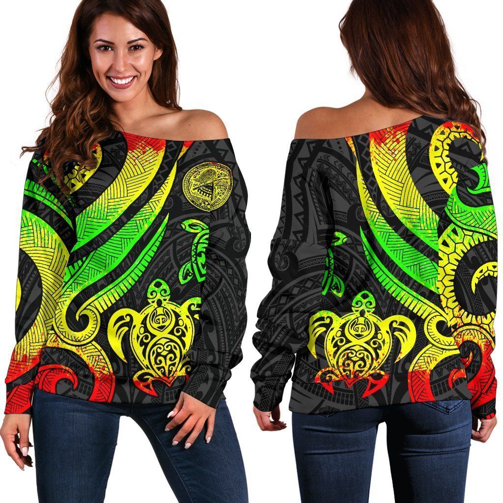 American Samoa Women Off Shoulder Sweater - Reggae Tentacle Turtle