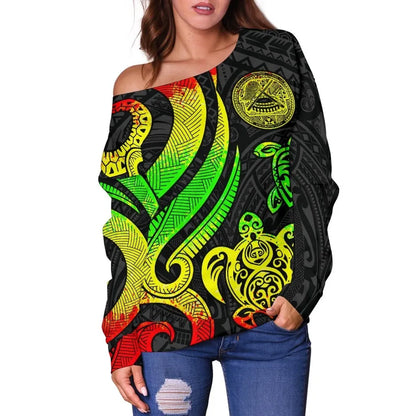American Samoa Women Off Shoulder Sweater - Reggae Tentacle Turtle