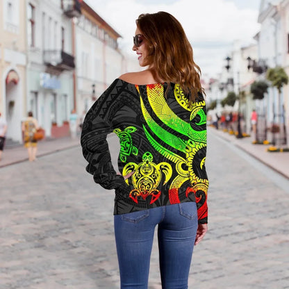 American Samoa Women Off Shoulder Sweater - Reggae Tentacle Turtle