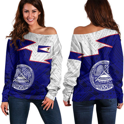 American Samoa Off Shoulder Sweatshirt Polynesian Tattoo Flag And Coat Of Arms