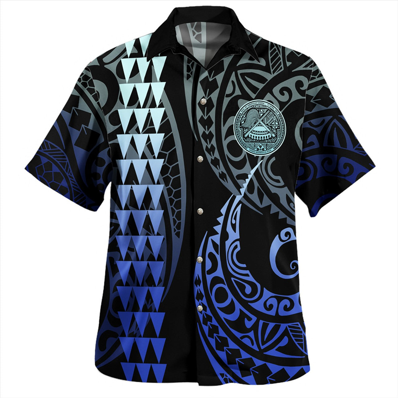 American Samoa Combo Short Sleeve Dress And Shirt Kakau Style Gradient Blue