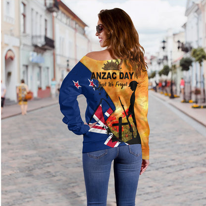 New Zealand Off Shoulder Sweatshirt Anzac Day Flag Lest We Forget