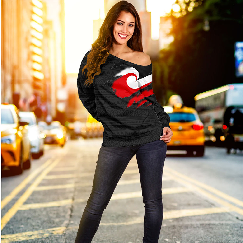 New Zealand Off Shoulder Sweatshirt Tino Rangatiratanga Maori Crack Style