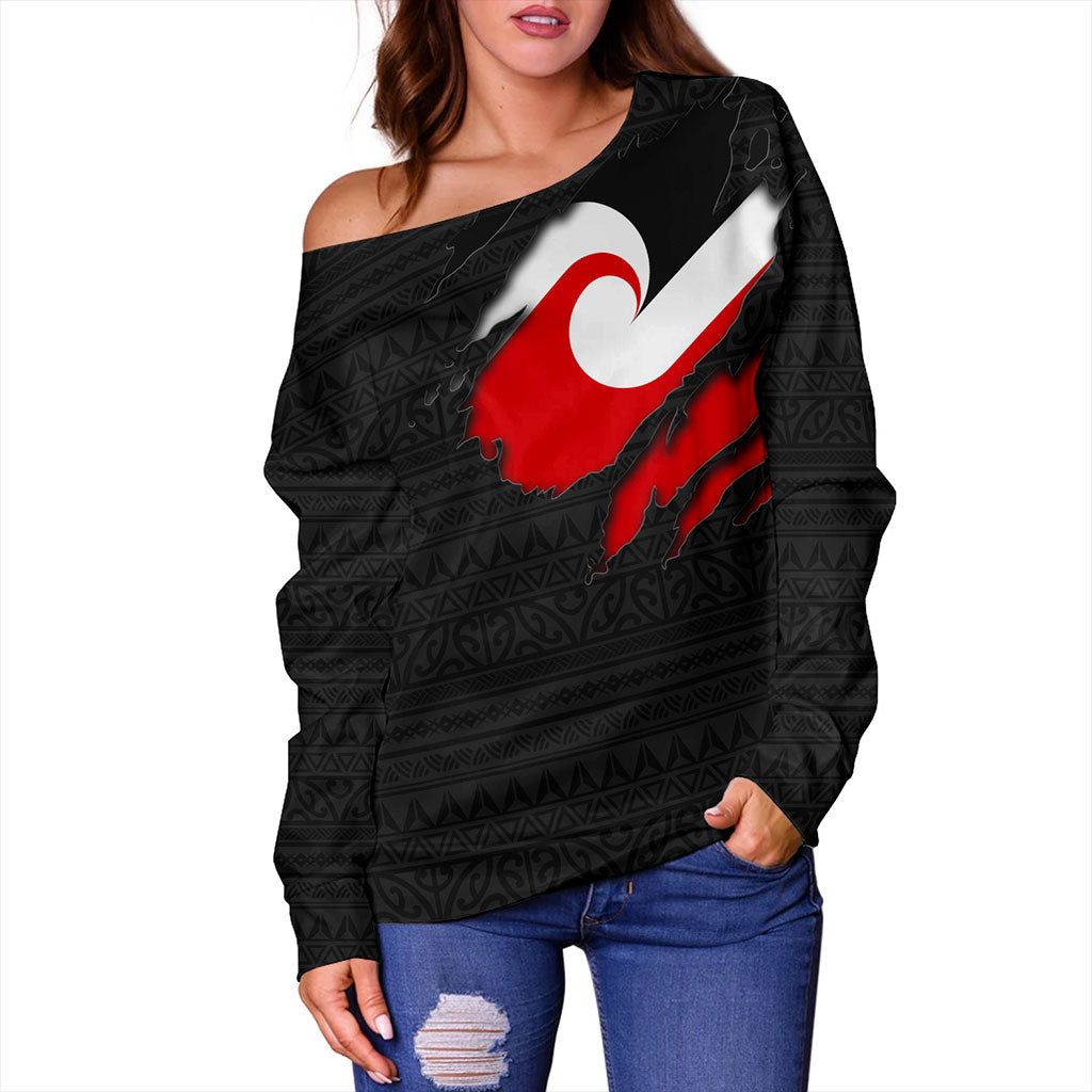 New Zealand Off Shoulder Sweatshirt Tino Rangatiratanga Maori Crack Style