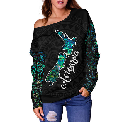 New Zealand Off Shoulder Sweatshirt Aotearoa Maori Tribal Map With Papua Shell