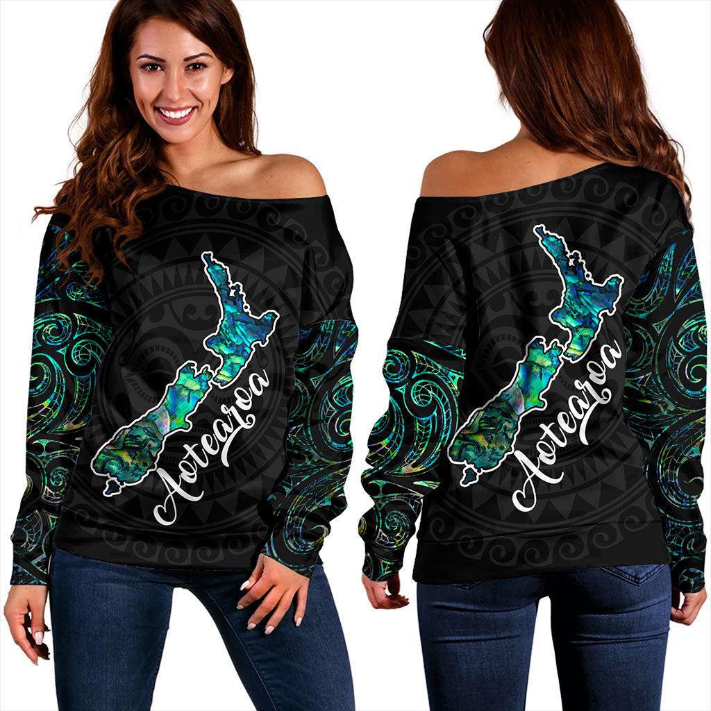 New Zealand Off Shoulder Sweatshirt Aotearoa Maori Tribal Map With Papua Shell