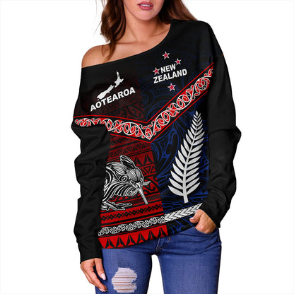 New Zealand Off Shoulder Sweatshirt Waitangi Aotearoa Tribal National Together