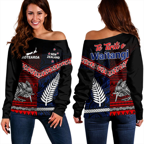 New Zealand Off Shoulder Sweatshirt Waitangi Aotearoa Tribal National Together