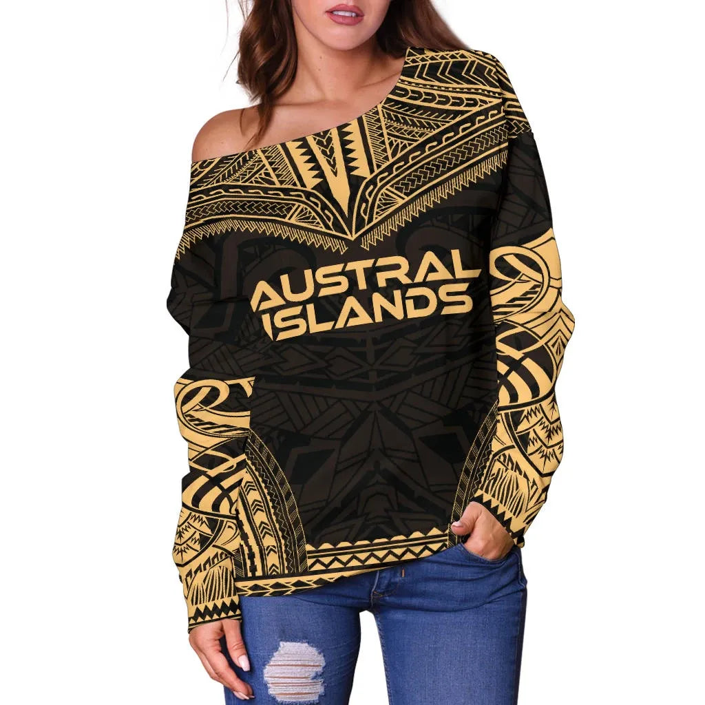 Austral Islands Polynesian Chief Women Off Shoulder Sweater - Gold Version