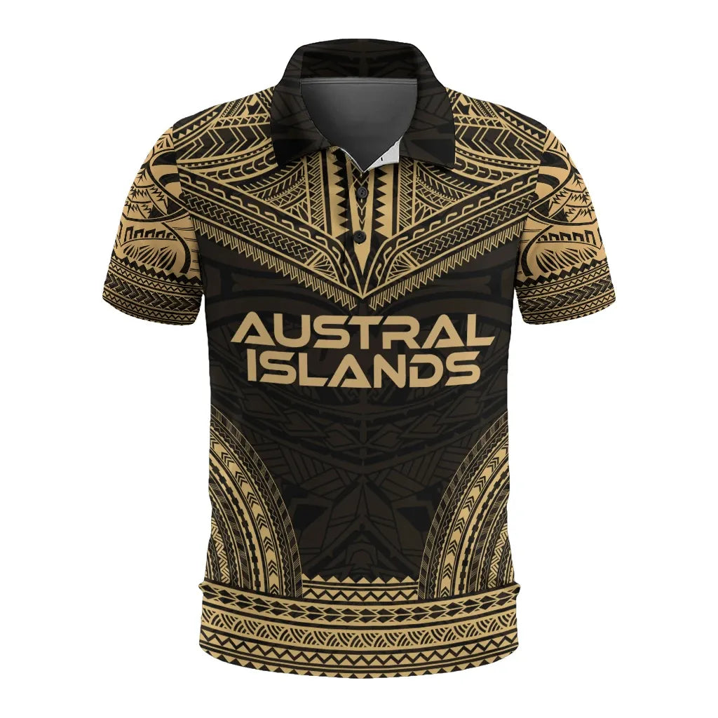 Austral Islands Polo Shirt - Austral Islands Flag Polynesian Chief Tattoo Gold Version