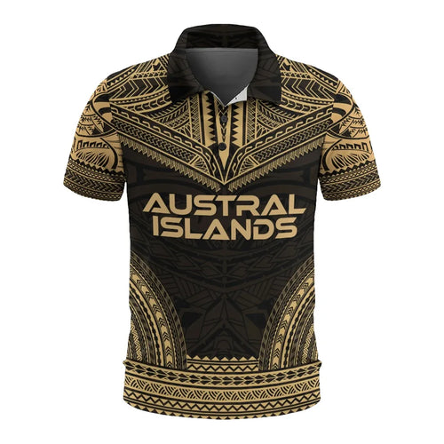 Austral Islands Polo Shirt - Austral Islands Flag Polynesian Chief Tattoo Gold Version