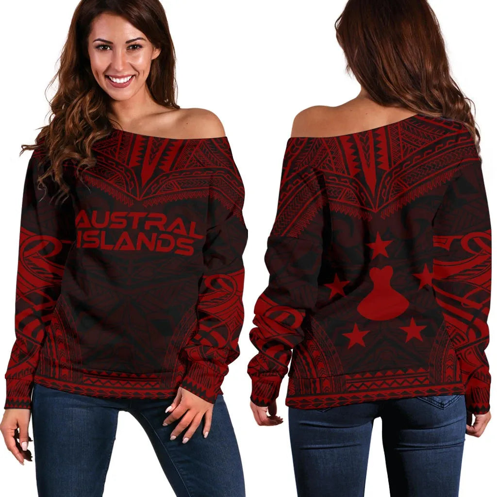 Austral Islands Polynesian Chief Women Off Shoulder Sweater - Red Version