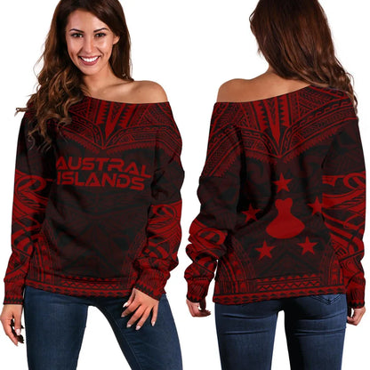 Austral Islands Polynesian Chief Women Off Shoulder Sweater - Red Version