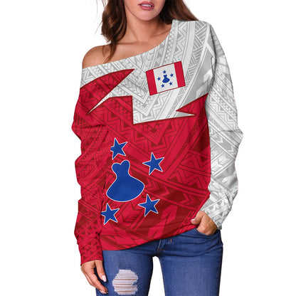 Austral Islands Off Shoulder Sweatshirt Polynesian Tattoo Flag And Coat Of Arms