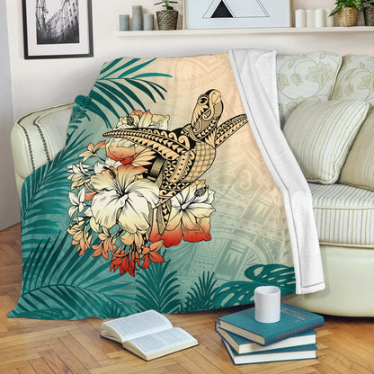 Hawaii Premium Blanket Tropical Leaves Sea Turtle Tribal
