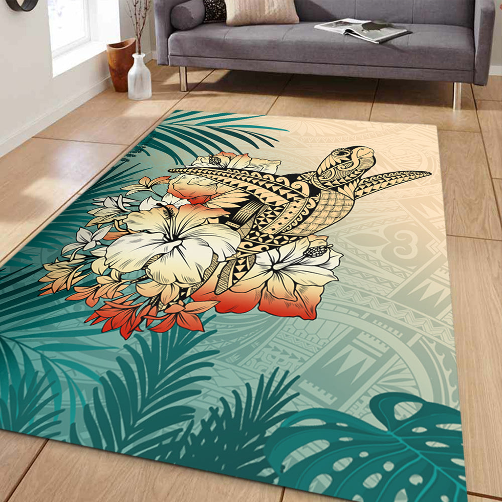 Hawaii Area Rug Tropical Leaves Sea Turtle Tribal