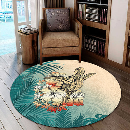 Hawaii Round Rug Tropical Leaves Sea Turtle Tribal