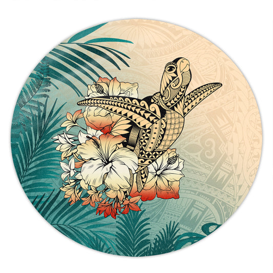 Hawaii Round Rug Tropical Leaves Sea Turtle Tribal