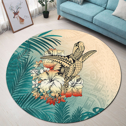 Hawaii Round Rug Tropical Leaves Sea Turtle Tribal
