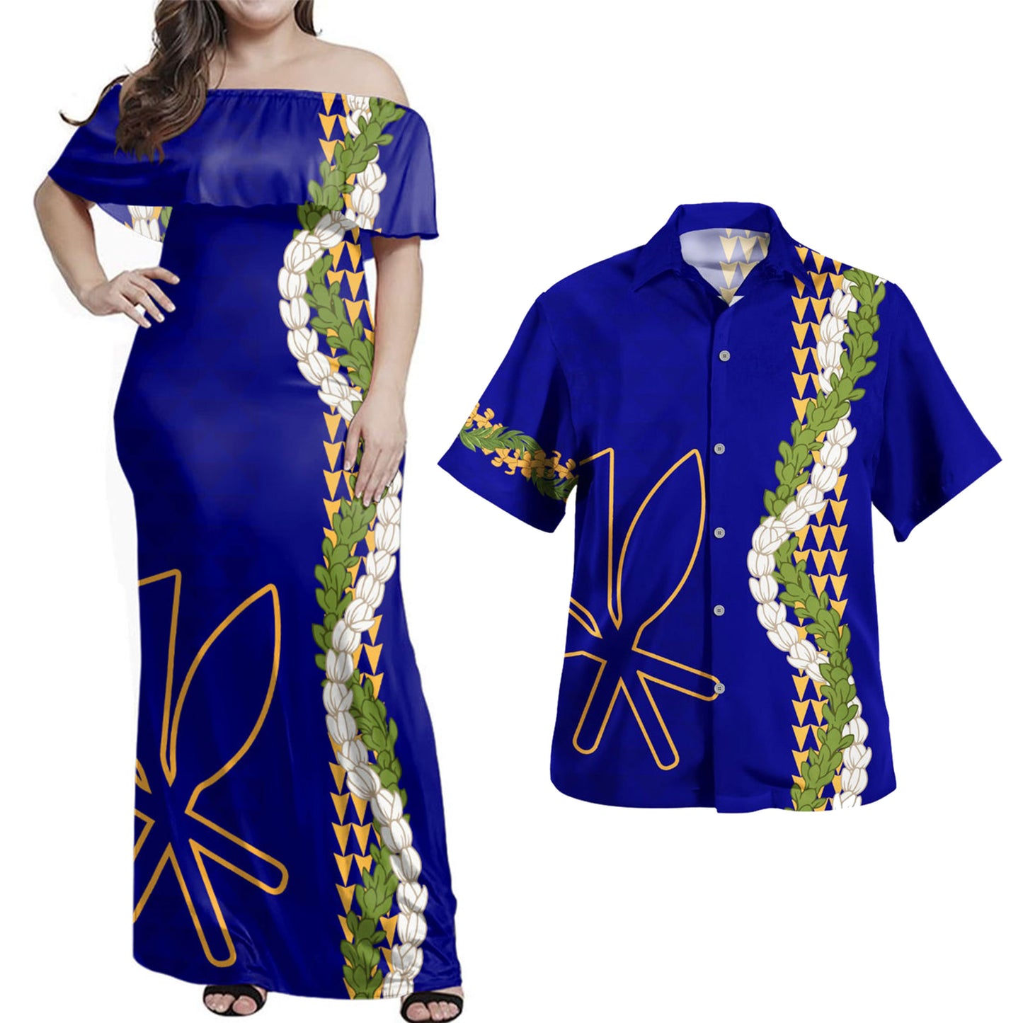 Hawaii Polynesian Combo Dress And Shirt Kanaka Maoli Puakenikeni Maile Flower Lei
