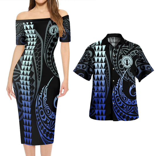 Northern Mariana Islands Combo Short Sleeve Dress And Shirt Kakau Style Gradient Blue