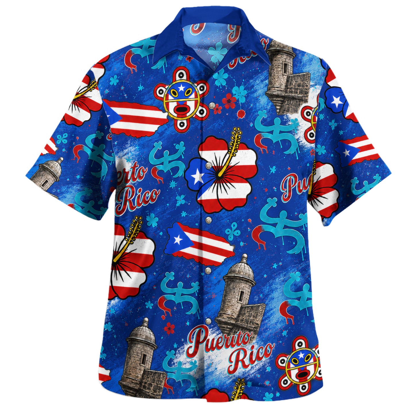 Puerto Rico Hawaiian Shirt Flag Hibiscus Coqui Taino Castle Style