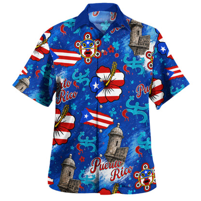 Puerto Rico Hawaiian Shirt Flag Hibiscus Coqui Taino Castle Style