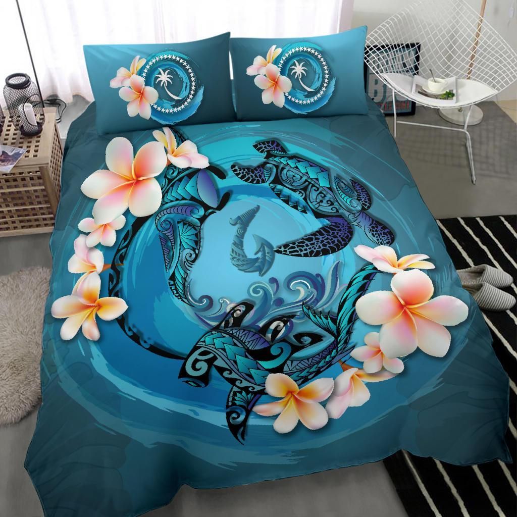 Polynesian Duvet Cover Set - Chuuk Bedding Set Blue Plumeria Animal Tattoo