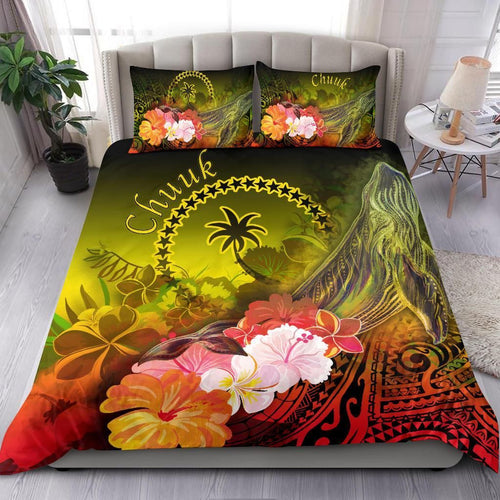 Chuuk Bedding Set - Humpback Whale With Tropical Flowers (Yellow)